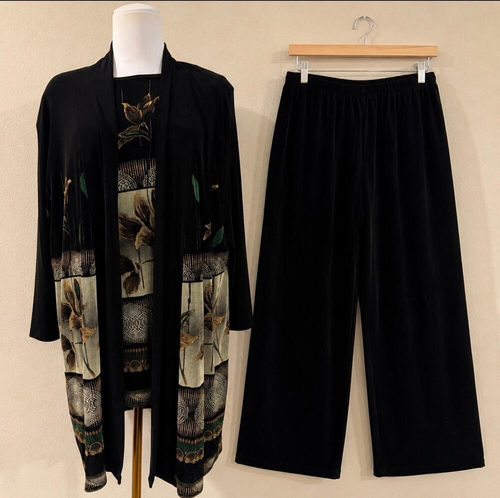 Vintage LS Collections 3 Piece Pant Set Cardigan Black Floral 1x Modest Church